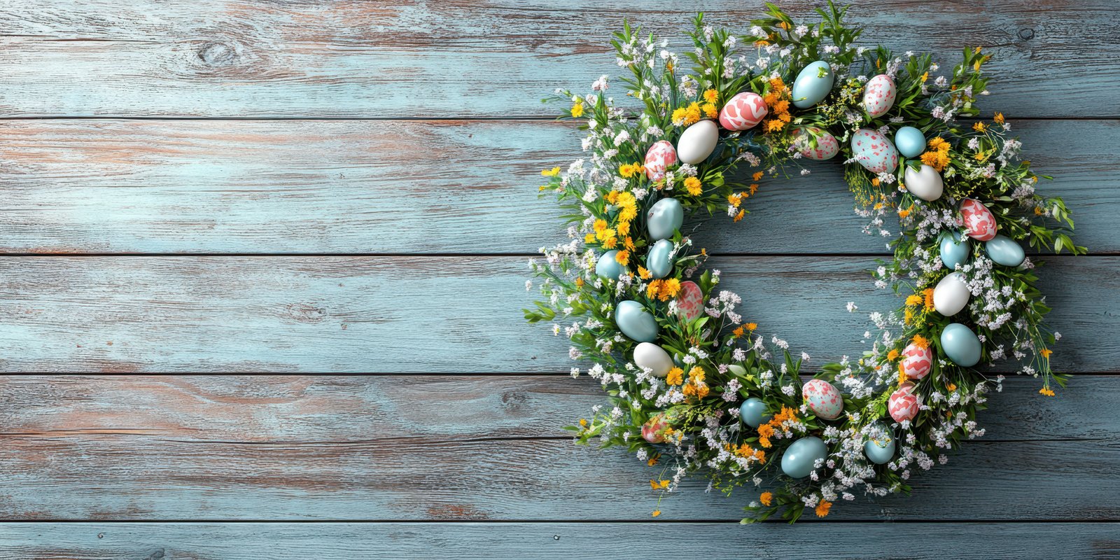 Decorative spring wreath with colorful eggs and flowers on rustic wooden background